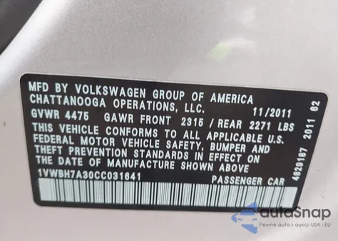 2012 Volkswagen Passat 2.5L Se из США, поврежденный, VIN 1VWBH7A30CC031641